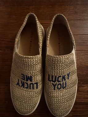 Lucky Brand Tan Woven Slip-On Sneakers with Navy Embroidery, 7.5